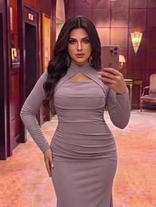 Aureia فستان سهرة أنيق رومانسي رمادي بنفسجي بأكمام طويلة مكون من قطعتين مع ديكور صدر مجعد، ضيق الجسم مع ذيل، مزين بكثافة، مناسب للزفاف والحفلات والاحتفالات والمناسبات الرسمية والعشاء (تصميم ثقيل) - أرجواني مغبر - مشاهدة 8