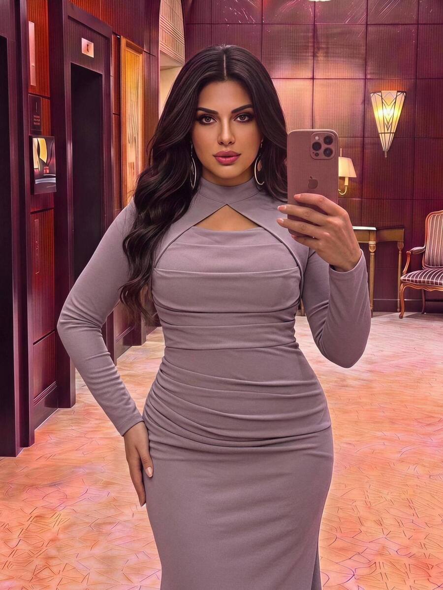 Aureia Plus Size Elegant Romantic Grey Purple Long Sleeve 2 Pieces Set With Ruched Bust Decor, Fitted Bodycon With Train, Heavy Embellishment Evening Gown For Wedding, Party, Celebration, Formal Event, Dinner (Heavy Design) - Dusty Purple - View 1