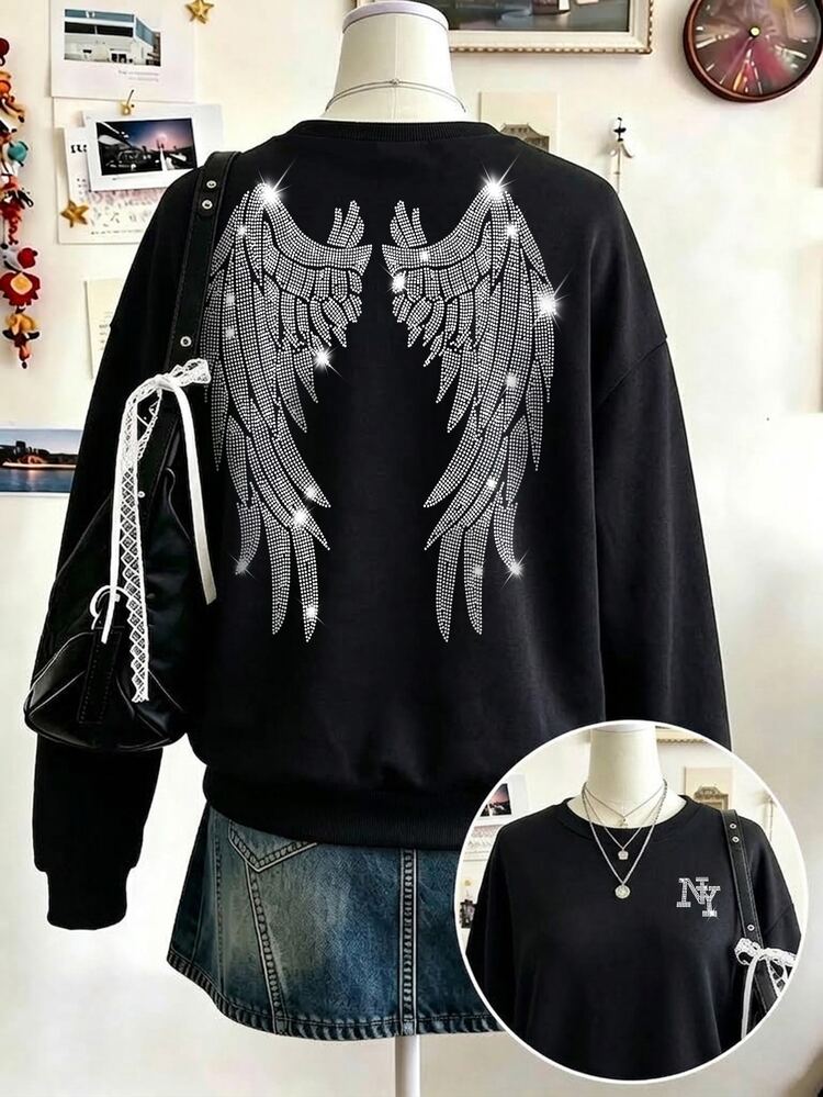 SHEIN Sweetra Young Cool Black Crew Neck Sweatshirt With Shiny Angel Wings Graphic, Exquisite And Eye-Catching. Ween Girl Casual Loose Soft Thick Drop Shoulder Long Sleeve Pullover Sweatshirt, Suitable For Autumn/Winter Daily, Street, Outdoor, Sports, Campus, Back To School - Multicolor - View 1