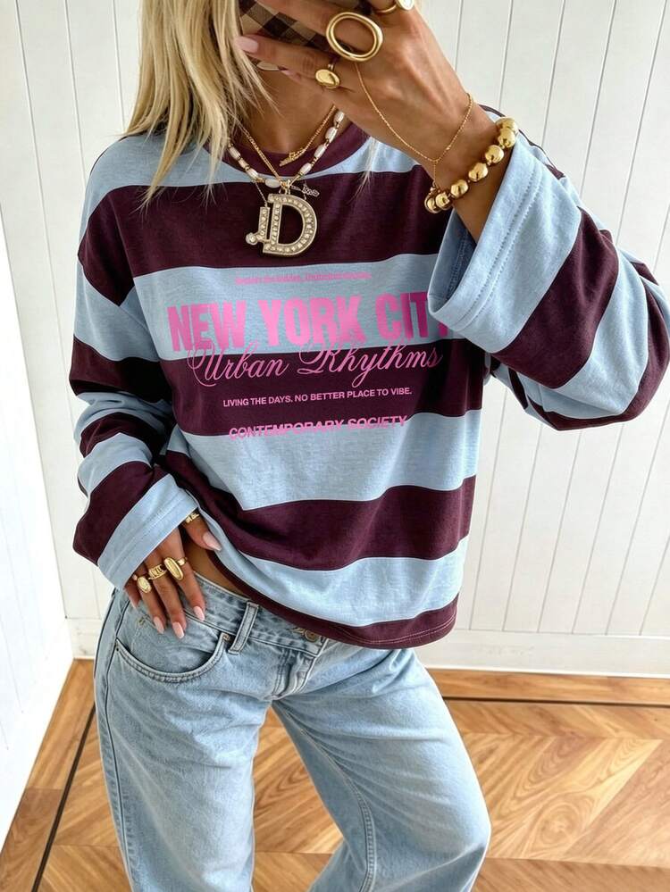 Plus Size Women's Autumn/Winter Basic Striped Colorblock Patchwork Crew Neck Long Sleeve Top, Suitable For Back To School, Travel, Streetwear And Casual Occasions - Multicolor - View 5