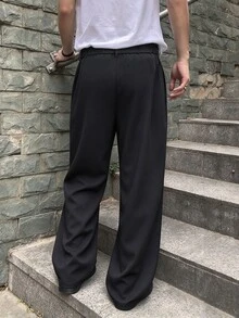 Major Grit 男士多鈕扣寬腿西裝長褲，摺褶鬆弛版型正裝長褲，商務休閒長褲，萬聖節節日禮物，日常通勤百搭，送給男朋友、丈夫的禮物，哥德風 - 黑色 - 查看 2