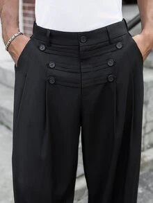 Major Grit 男士多鈕扣寬腿西裝長褲，摺褶鬆弛版型正裝長褲，商務休閒長褲，萬聖節節日禮物，日常通勤百搭，送給男朋友、丈夫的禮物，哥德風 - 黑色 - 查看 4