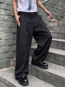 Major Grit 男士多鈕扣寬腿西裝長褲，摺褶鬆弛版型正裝長褲，商務休閒長褲，萬聖節節日禮物，日常通勤百搭，送給男朋友、丈夫的禮物，哥德風 - 黑色 - 查看 6