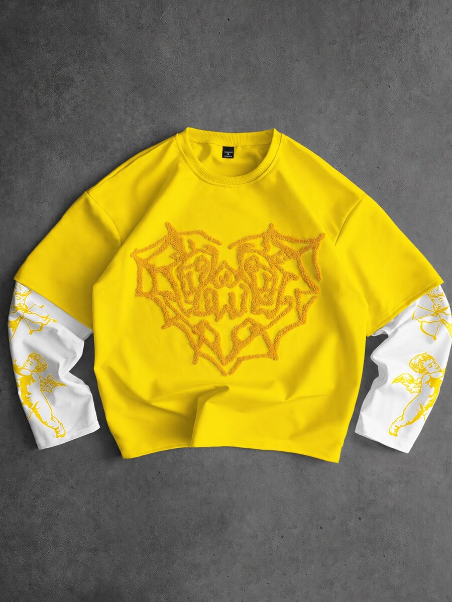 Manfinity Roghcode Manfinity Streetrush 男士淺粉色秋季 Y2K 城市度假風天使丘比特印花刺繡愛心 2 合 1 T恤,2000年代街頭風 Tee - 彩色 - 查看 1