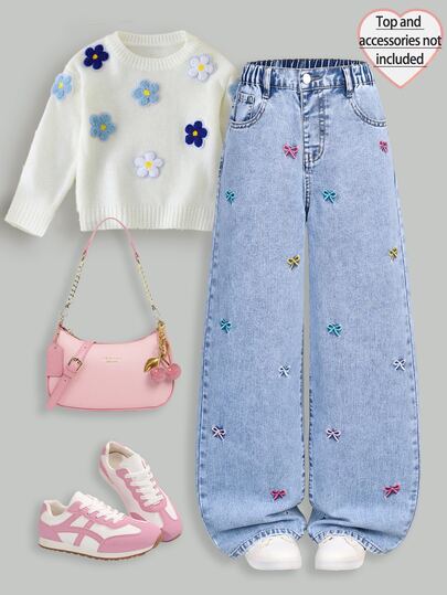 SHEIN Girls' Oversized Y2k Cute Casual Loose Fit Straight Leg Jeans, Light Blue Washed Cotton With Embroidered Butterfly Decor, Summer School Holiday
