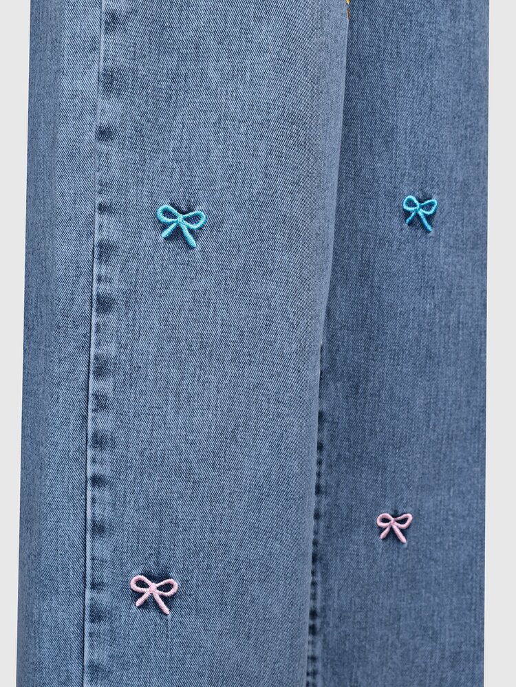 SHEIN Girls' Summer Blue Pink Washed Fashion Snowflake Water Effect Bow Embroidery Loose Straight Wide Leg Denim Jeans Pants Soft Cotton Casual Cute School - Medium Wash - View 3