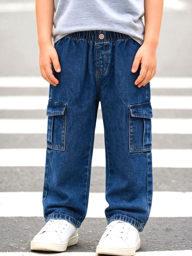 Boys' Small Jeans, New All-Season Style, Fashion Casual, Vintage Blue Baby Denim Wash, Elastic Waistband, Side Large Patch Pockets, Slim Fit, Winter - Dark Wash - View 2