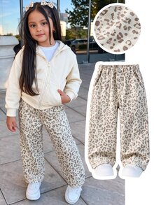 SHEIN Genkimix Kids 女童牛仔褲，淺藍豹紋，百搭貼袋設計，鬆緊腰頭，寬鬆寬腿版型，純棉，校園，夏季 - 杏色 - 查看 3