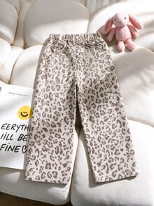 SHEIN Genkimix Kids 女童牛仔褲，淺藍豹紋，百搭貼袋設計，鬆緊腰頭，寬鬆寬腿版型，純棉，校園，夏季 - 杏色 - 查看 2
