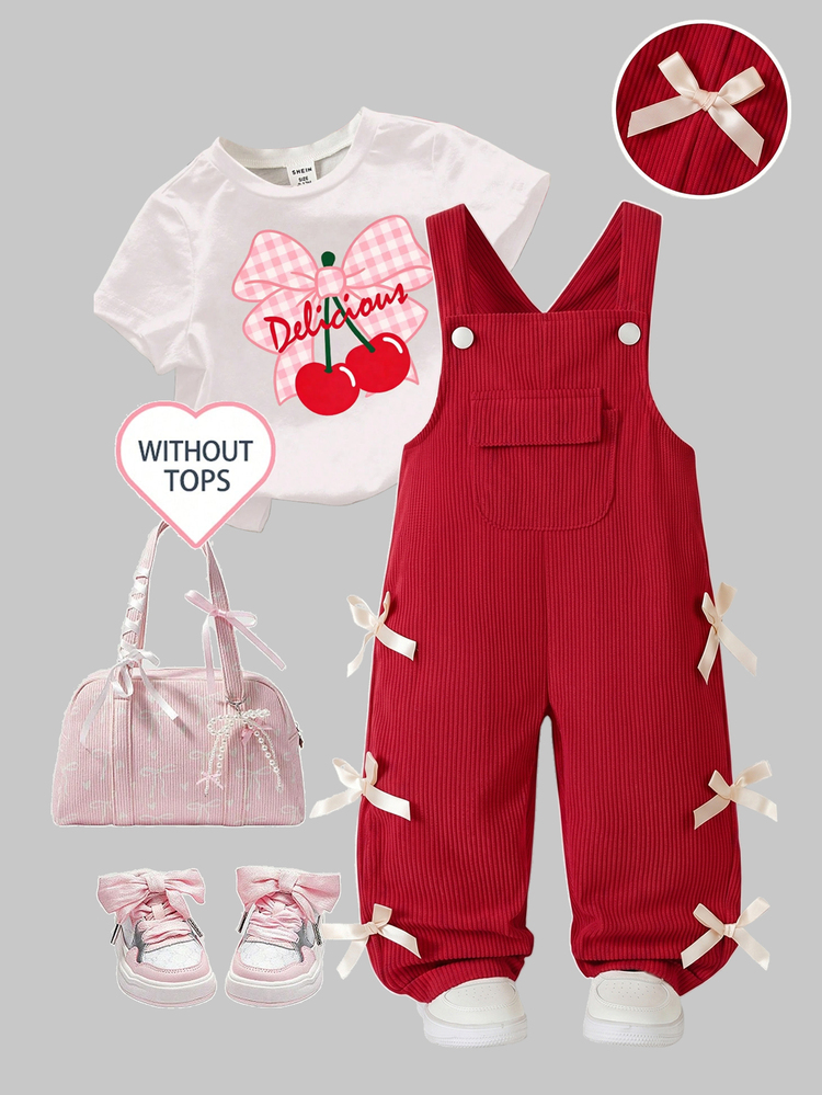 SHEIN Girls' Corduroy Overall Pants, Red With Front Pocket Design, Decorated With Apricot Bows, Loose Straight-Leg Fit, Family Matching, Cute Autumn Fall - Red - View 3