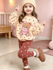 Young Girl Cute Bear Print Long Sleeve Sweatshirt And Leggings Set Autumn Winter - Multicolor - View 3