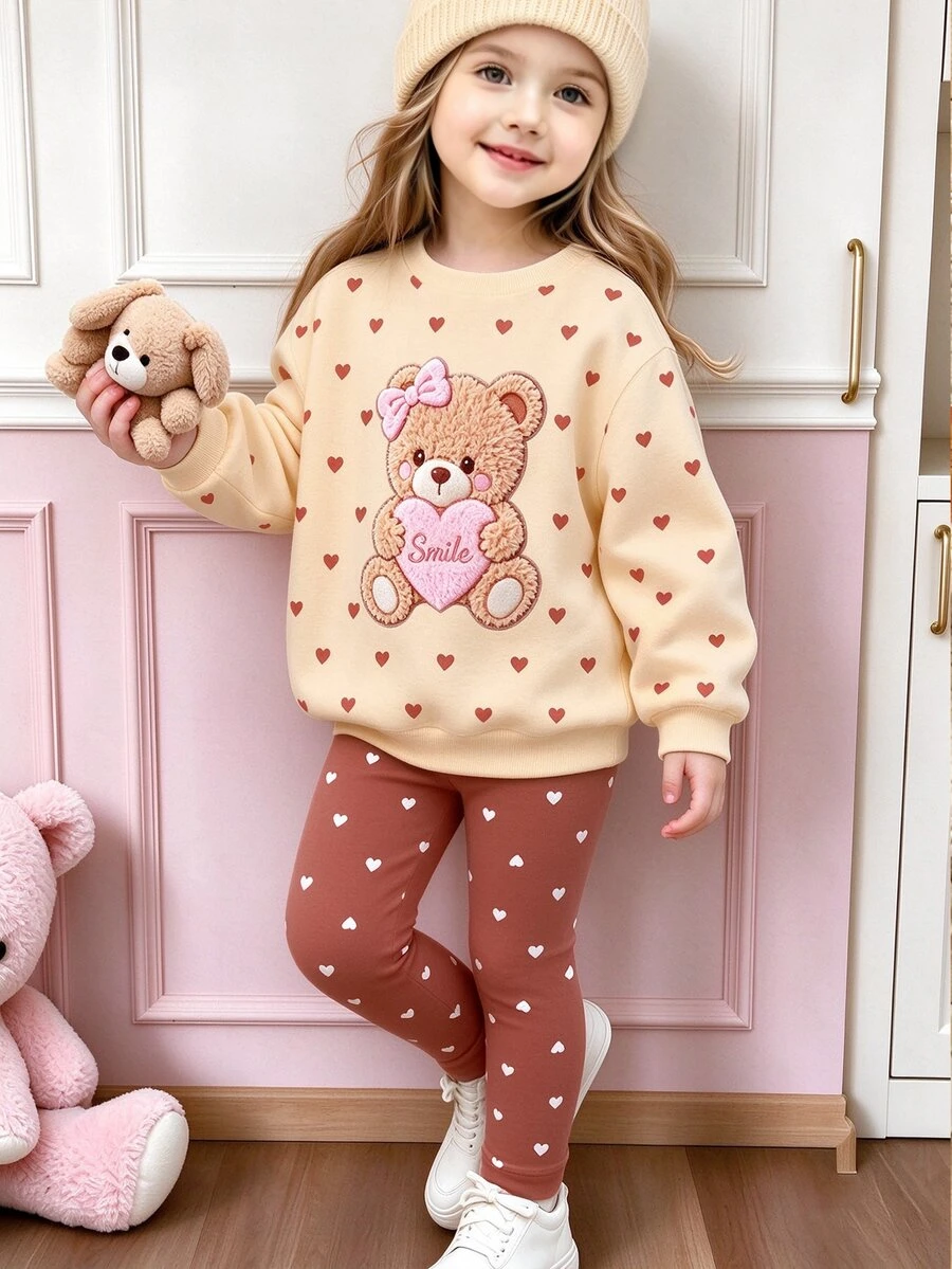 Young Girl Cute Bear Print Long Sleeve Sweatshirt And Leggings Set Autumn Winter - Multicolor - View 1