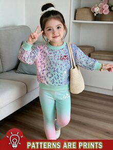 Girls Leopard Print Gradient 2 Pieces Set, Fashionable Sequin Print Crew Neck Long Sleeve Sweatshirt With Pink-Blue Gradient Leggings Autumn Winter - Multicolor - View 3