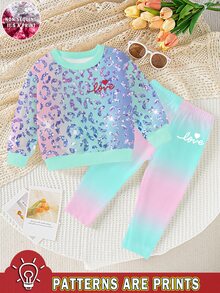 Girls Leopard Print Gradient 2 Pieces Set, Fashionable Sequin Print Crew Neck Long Sleeve Sweatshirt With Pink-Blue Gradient Leggings Autumn Winter - Multicolor - View 2