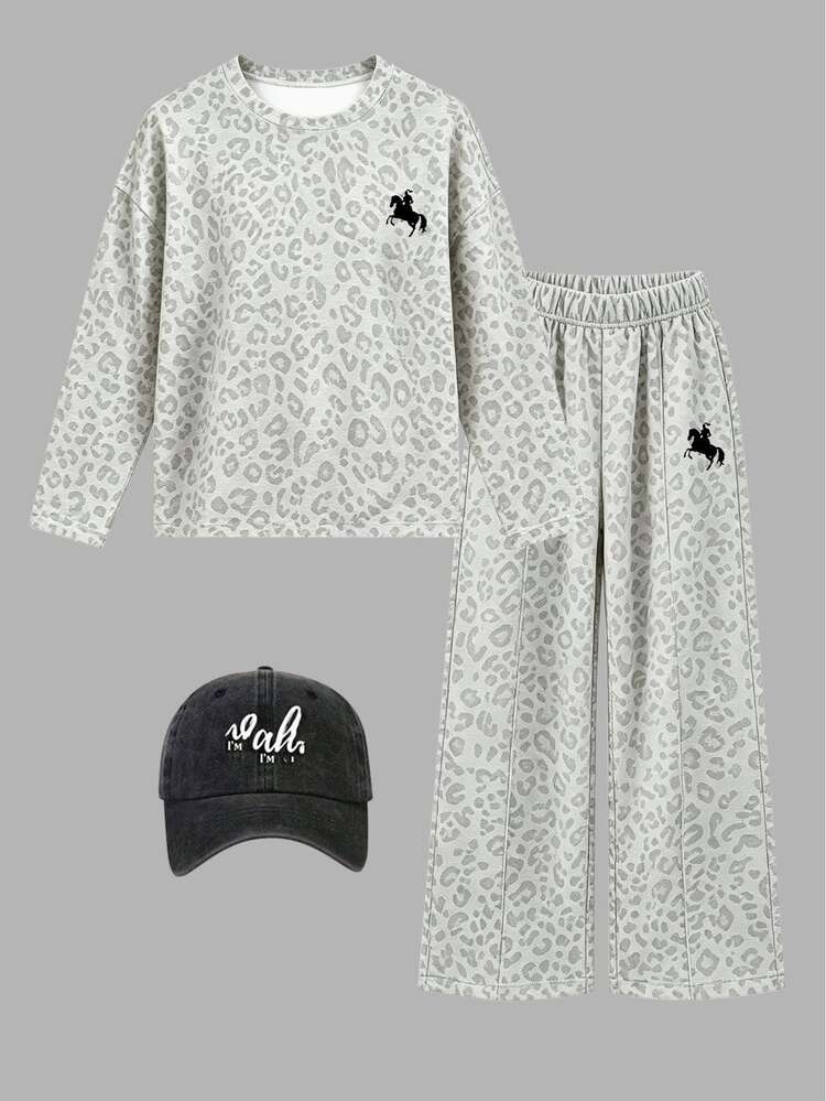 2pcs/Set Young Girls Casual 2 Pieces Sportswear, Grey Leopard Print Crew Neck Long Sleeve Top With Matching Pattern Wide Leg Pants, Daily Wear Winter - Multicolor - View 2