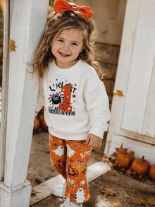 Halloween Baby Girls Spider Graphic Sweatshirt & Ghost Pumpkin Flare Pants Set, Cute Trick Or Treat Fall Outfit - Multicolor - View 3