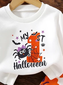 Halloween Baby Girls Spider Graphic Sweatshirt & Ghost Pumpkin Flare Pants Set, Cute Trick Or Treat Fall Outfit - Multicolor - View 8