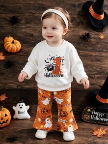 Halloween Baby Girls Spider Graphic Sweatshirt & Ghost Pumpkin Flare Pants Set, Cute Trick Or Treat Fall Outfit - Multicolor - View 6