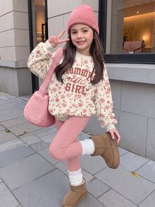(1套)少女時尚清新花卉圖案與趣味字母印花圓領運動衫搭配內搭褲 秋冬款 - 彩色 - 查看 3