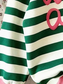 1件青少年女孩復古綠色與白色條紋衛衣，粉色對比羅紋領口與袖口，粉色字母印花，寬鬆落肩設計，百搭上衣，適合休閒日常穿著，韓系風格，清新百搭秋冬長袖衛衣，適合學校與戶外活動 - 彩色 - 查看 4