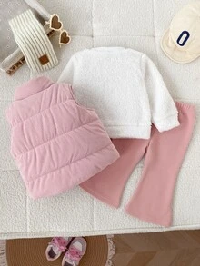SHEIN 3件組幼女背心上衣＋喇叭褲套裝，可愛甜美粉色愛心燈芯絨毛絨熊長袖立領加厚款，生日冬季秋季聖誕時尚穿搭 - 粉色 - 查看 1