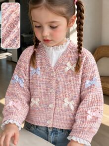 SHEIN Babygirl Sweater Cardigan Spring/Autumn V-Neck Bow Long Sleeve Button-Up Outwear Knit Jacket - Pink - View 3