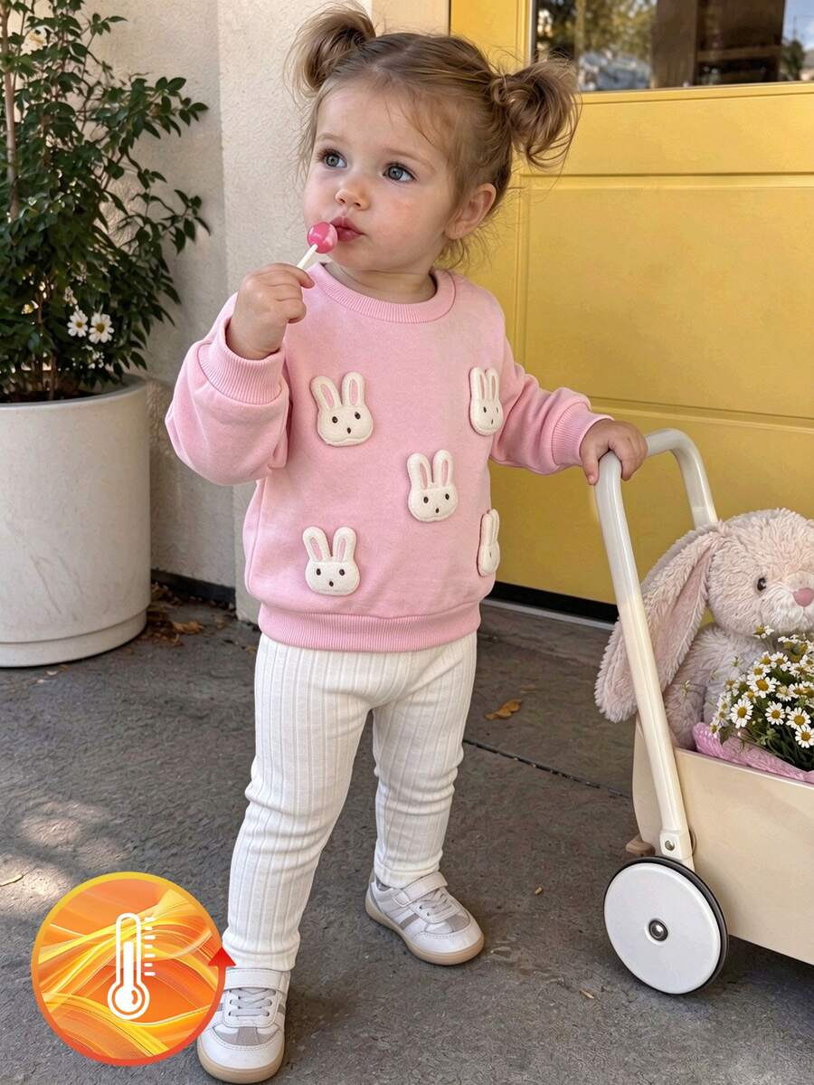SHEIN Playful Pals Infant Toddler Autumn/Winter Pullover Set, Baby Girl Cute 3D Light Pink Off-White Rabbit Sweatshirt And Soft Skin-Friendly Pants Outfit Rave Funny