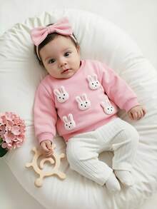 SHEIN Playful Pals Infant Toddler Autumn/Winter Pullover Set, Baby Girl Cute 3D Light Pink Off-White Rabbit Sweatshirt And Soft Skin-Friendly Pants Outfit Rave Funny - Pink - View 3