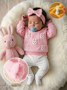 SHEIN Playful Pals Infant Toddler Autumn/Winter Pullover Set, Baby Girl Cute 3D Light Pink Off-White Rabbit Sweatshirt And Soft Skin-Friendly Pants Outfit Rave Funny - Pink - View 6