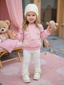 SHEIN Playful Pals Infant Toddler Autumn/Winter Pullover Set, Baby Girl Cute 3D Light Pink Off-White Rabbit Sweatshirt And Soft Skin-Friendly Pants Outfit Rave Funny - Pink - View 4
