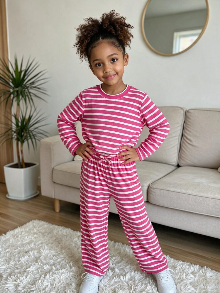 SHEIN Girls' Rose Red Striped Long Sleeve Knit Top & Pants 2 Pieces Set, Fashionable Young Girl Casual Outfit, Suitable For School, Outings, Short Trips / Park Play, Light Sports / Walking, Early Autumn Wear - Hot Pink - View 3