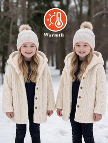 SHEIN Young Girls Jacquard Solid Plush Hooded Jacket Front Button Thick Warm Outerwear Fleece Coat For Autumn Winter - Apricot - View 3