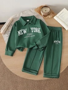 Genkimix Kids 男童春秋純色綠色極簡休閒版型翻領半開扣長袖套頭上衣與配套長褲套裝，適合外出與日常穿著 - 綠色 - 查看 7