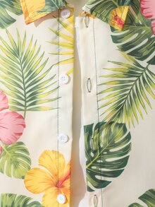 2pcs/Set Young Boy Soft Tropical Print Woven Fabric Short Sleeve Shirt And Shorts Set, Suitable For Summer Casual, Holiday Wear - Green - View 7