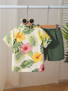 2pcs/Set Young Boy Soft Tropical Print Woven Fabric Short Sleeve Shirt And Shorts Set, Suitable For Summer Casual, Holiday Wear - Green - View 3