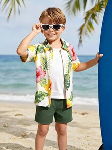 2pcs/Set Young Boy Soft Tropical Print Woven Fabric Short Sleeve Shirt And Shorts Set, Suitable For Summer Casual, Holiday Wear - Green - View 4