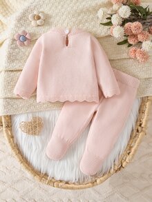 SHEIN 女嬰女童針織毛衣套裝，嬰兒幼童圓領套頭長袖毛衣，舒適適合秋冬，麻花編織設計，時尚潮流 + 針織連腳長褲，2件套，粉色，適合日常穿著，溫柔優雅時尚，適合外出與旅行 - 粉色 - 查看 2