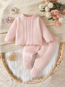 SHEIN 女嬰女童針織毛衣套裝，嬰兒幼童圓領套頭長袖毛衣，舒適適合秋冬，麻花編織設計，時尚潮流 + 針織連腳長褲，2件套，粉色，適合日常穿著，溫柔優雅時尚，適合外出與旅行 - 粉色 - 查看 1