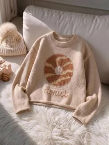 Young Girl Donut & Letter Pattern Sweater Autumn Winter - Khaki - View 1