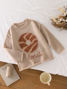 Young Girl Donut & Letter Pattern Sweater Autumn Winter - Khaki - View 3