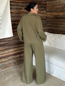 Dazy Plus 2件組休閒上衣與長褲套裝，秋季新品居家睡衣套裝，新娘居家休閒服，橄欖綠 - 軍綠色 - 查看 2