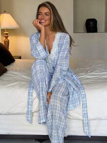 DAZY 3件組女款蕾絲拼接格紋長版開襟睡袍與直筒長款睡褲家居服套裝 秋季 - 藍色 - 查看 3