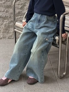 Dazy Kids Tween Girl) Straight Leg Casual Design Washed Denim Jeans, Autumn/Winter - Dark Wash - View 7