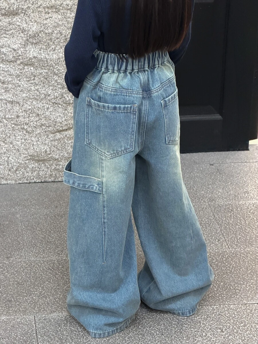 Dazy Kids Tween Girl) Straight Leg Casual Design Washed Denim Jeans, Autumn/Winter - Dark Wash - View 1