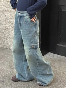 Dazy Kids Tween Girl) Straight Leg Casual Design Washed Denim Jeans, Autumn/Winter - Dark Wash - View 6