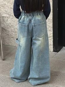 Dazy Kids Tween Girl) Straight Leg Casual Design Washed Denim Jeans, Autumn/Winter - Dark Wash - View 8