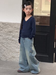 Dazy Kids Tween Girl) Straight Leg Casual Design Washed Denim Jeans, Autumn/Winter - Dark Wash - View 5