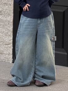 Dazy Kids Tween Girl) Straight Leg Casual Design Washed Denim Jeans, Autumn/Winter - Dark Wash - View 3
