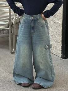 Dazy Kids Tween Girl) Straight Leg Casual Design Washed Denim Jeans, Autumn/Winter - Dark Wash - View 2