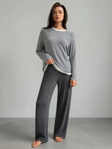 DAZY Women's Striped Round Neck Long Sleeve Top And Pants Casual Pajama Set - Grey - View 7